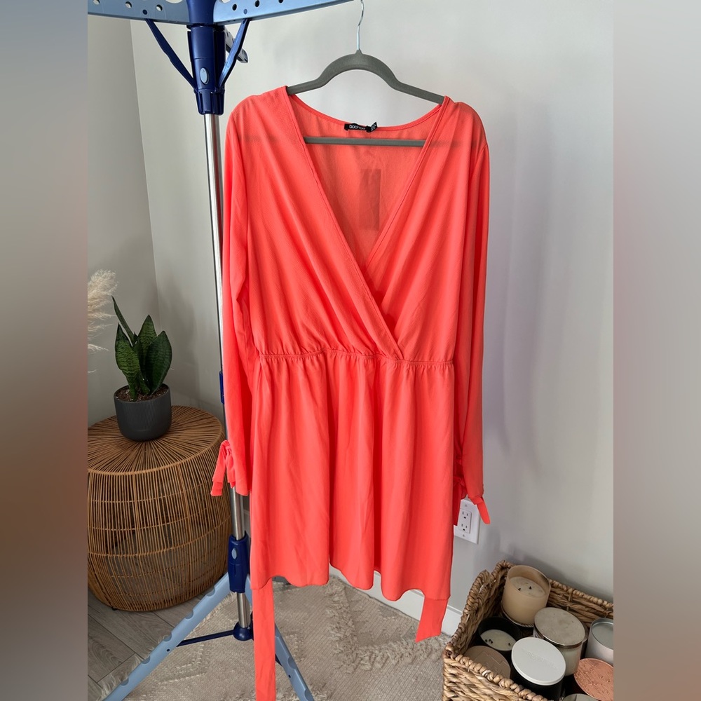 Boohoo Coral Tie Up Skater Dress - 14